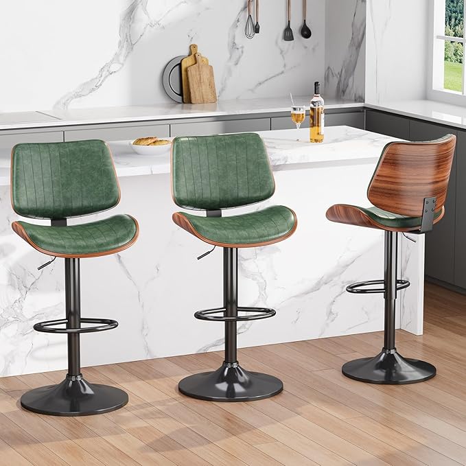 Swivel Bar Stools Set of 2, Adjustable Bentwood Barstools for Kitchen Counter, Modern PU Leather Upholstered Bar Chair with Back and Footrest, for Kitchen Island, Bar, Dining Room, Green