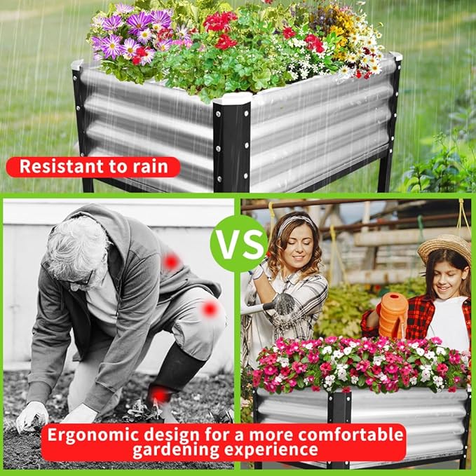 Elevated Metal Raised Garden Bed, Large Outdoor Metal Planter Box Big Flower Plant Pot for Planting Flowers Vegetables and Herbs (Silver, Small)