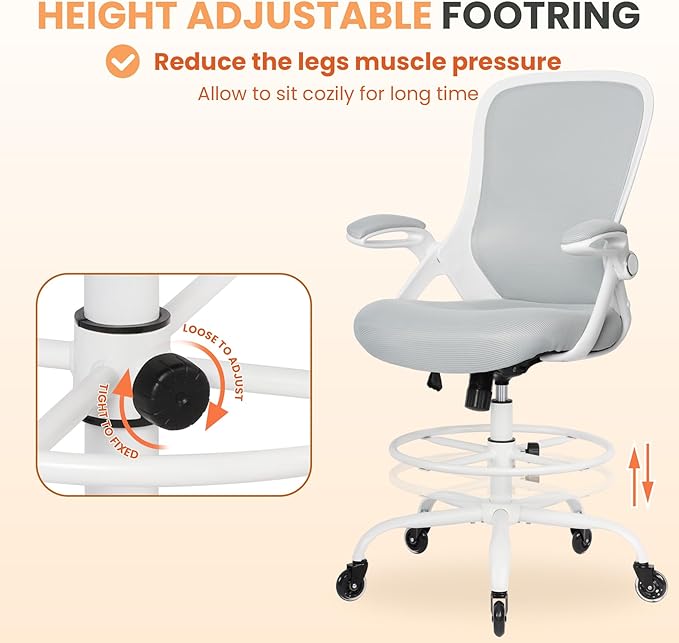 HYLONE Drafting Chair Tall Office, Ergonomic Standing Desk Stool Adjustable Drafting Chair Big Tall Drafting Office Chair White