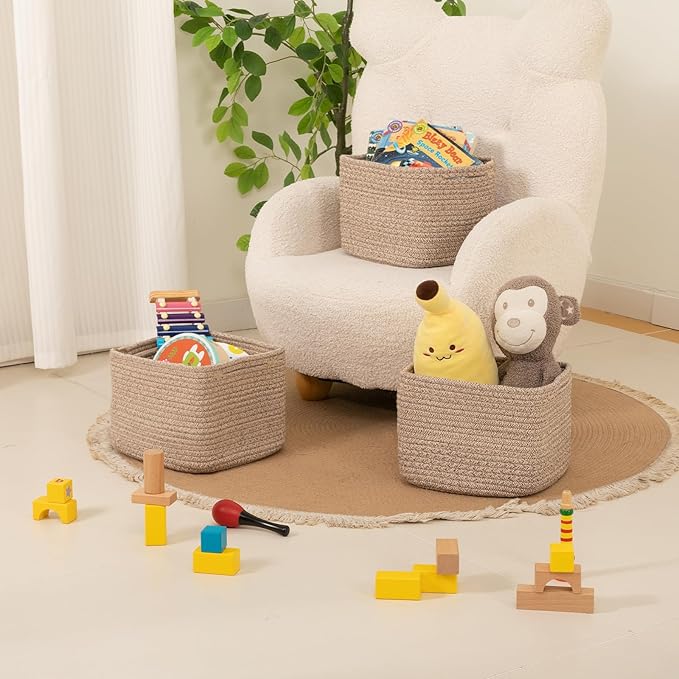 OIAHOMY 9”x9”x7” Storage Cubes, Cotton Rope Woven Baskets for Organizing, Cube Storage Bin, Small Gift Basket for Shelf, 3-Pack, Brown