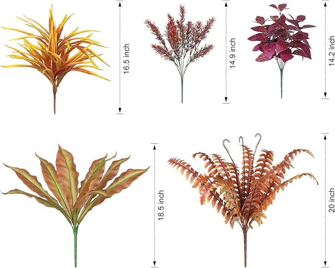 Artificial Fall Plants for Autumn Outdoor Decor Realistic Faux Greenery & Flowers Fake Plastic Leaves with Stems UV Resistant Outside Bushes for Garden Patio and Porch 8Pcs (Fall Color)