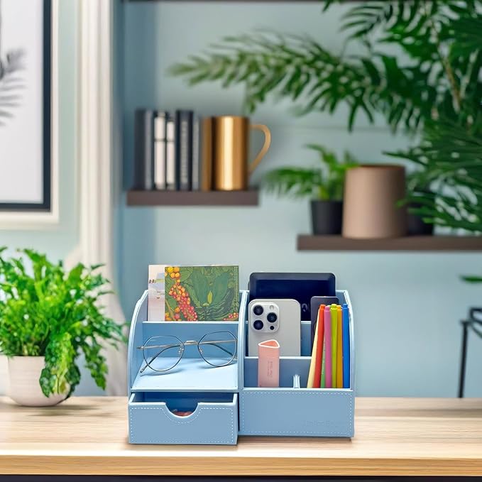 UnionBasic Desk Organizer - Multifunctional Leather Desktop Pen Holder Storage Box - Business Card/Pen/Pencil/Mobile Phone/Stationery Holder, Blue