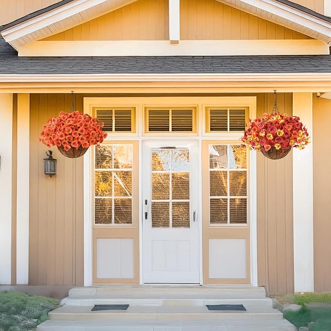 Artificial Fall Flowers for Outdoor, 12 Bundles Faux Pansy Fake Mums Flowers Plants Outdoor Fall Decor, UV Resistant No Fade Silk Flower for Porch Planter Patio Yard Garden(Orange Autumn Sunset Red)