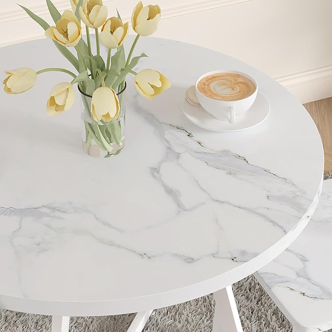 VECELO Round Dining Room Table with Wood Grain Tabletop and Steel Frame, for Kitchen, Living Room, Office, Conference, 2 to 4 Person, Fuax Marbled & White