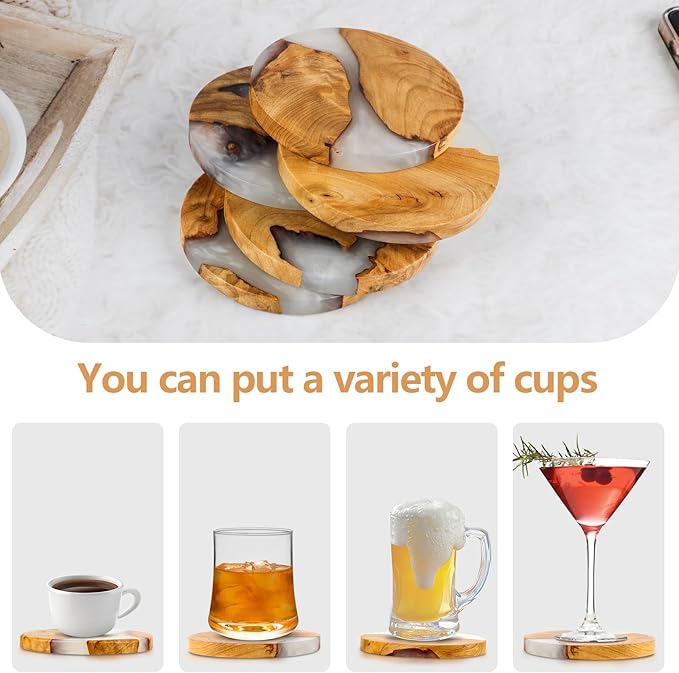 Drink Coaster Set, Wooden Absorbent Coasters, Epoxy Resin Coaster for Coffee Table, Tabletop Protection Decor, Set of 5 with Holder