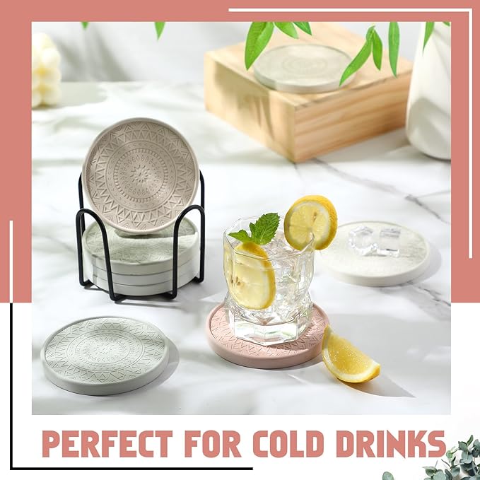 Photect Diatomaceous Earth Coasters Set with Holder Absorbent Stone Drink Coasters Instant Drying Tray for Tabletop Protection Home Decoration Housewarming Gift(Mint,4 Pcs)