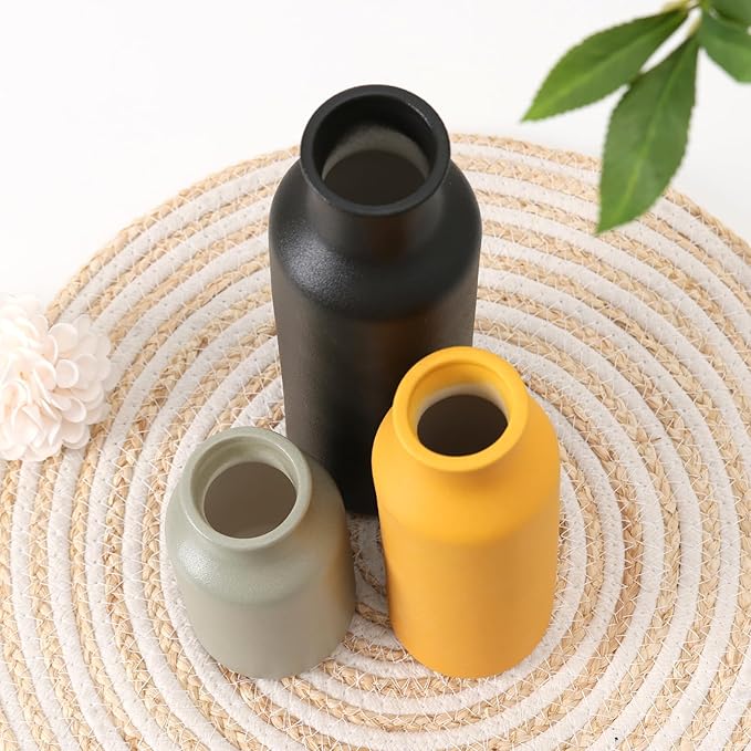 Ceramic Vases Set of 3, Farmhouse Decor Flower Vase for Centerpiece Table Decorations, Boho Decor Vases, Rustic vase in Various Sizes for Living Room,Fireplace, Shelves