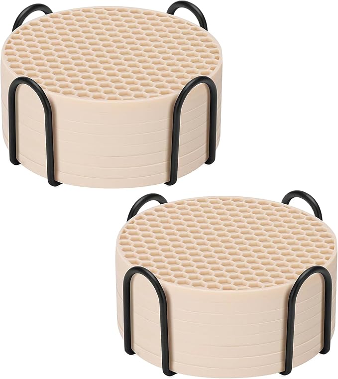 Tapioca Silicone Coasters Set of 16 with Holder, Drinks Coasters, Suitable for Hot or Cold Cups, Anti-Slip, Non-Stick, Anti-Overflow Tabletop Protection and Decor