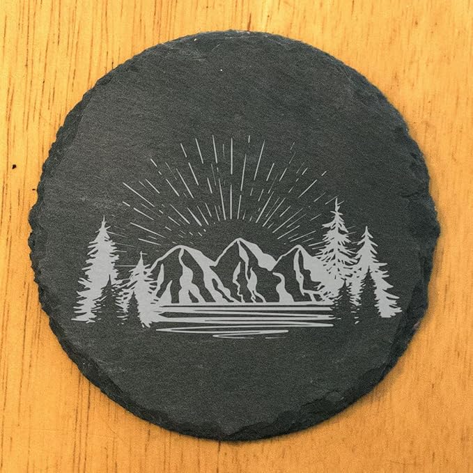 Mountain Majesty Slate Coasters with Stunning Mountain Scene Design - Perfect for Home and Office Decor and Protection of Surfaces, Available in Square or Round Coasters - Round Slate - Set of 4