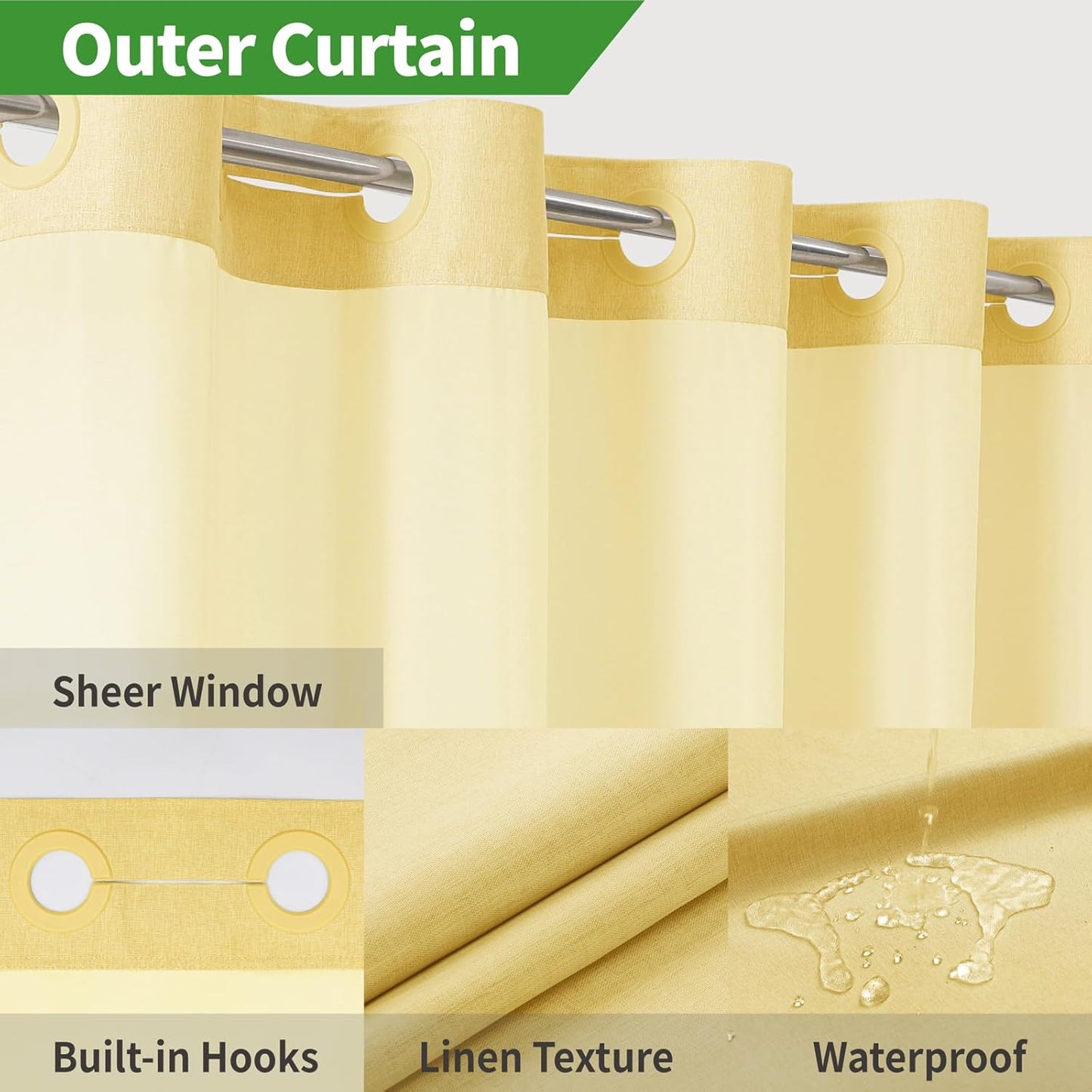 No Hooks Needed Linen Textured Shower Curtain with Snap-in Fabric Liner Set,Hotel Luxury Decor Shower Curtains for Bathroom with Mesh Top Window,Waterproof & Washable,71Wx74H,Gold