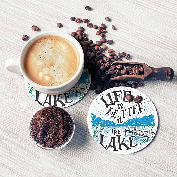 Life is Better at The Lake Drink Coaster for Tabletop Protection House Lakeside Sketch Rustic Living Cottage Holiday Non-Slip Cups Place Mats Home Decor Diatomite Material for Men Women