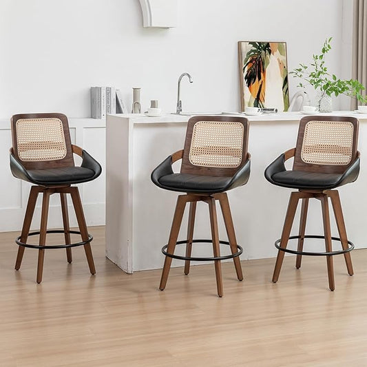 Set of 3 Counter Height Bar Stools - 26.4 inch Swivel Counter Stools with Cane Back, Upholstered Seat, Curved Arms, Rattan CounterStools for Island/Pub/Kitchen/Cafe (26" Seat Height, Black)