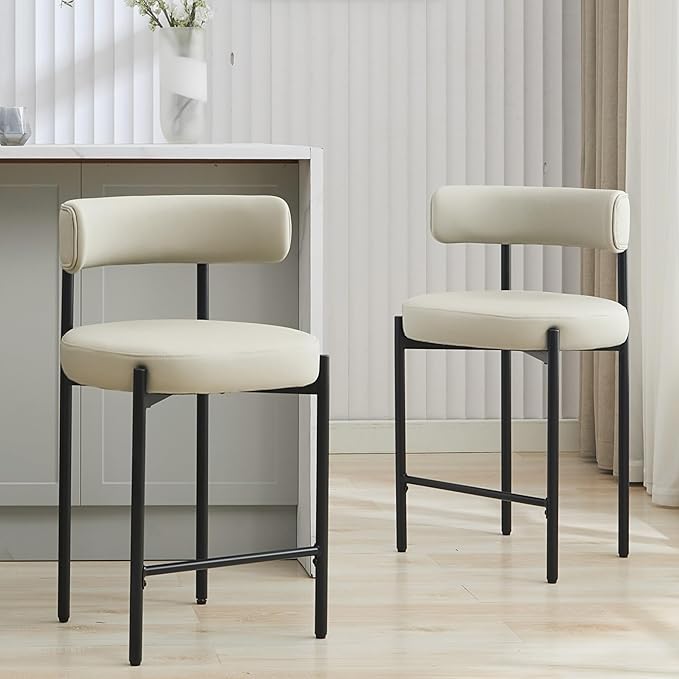 24'' Faux Leather Bar Stools Set of 2, Counter Height Bar Stools with Backs, Upholstered Counter Chairs for Kitchen Counter (Vegan Leather, Grey)