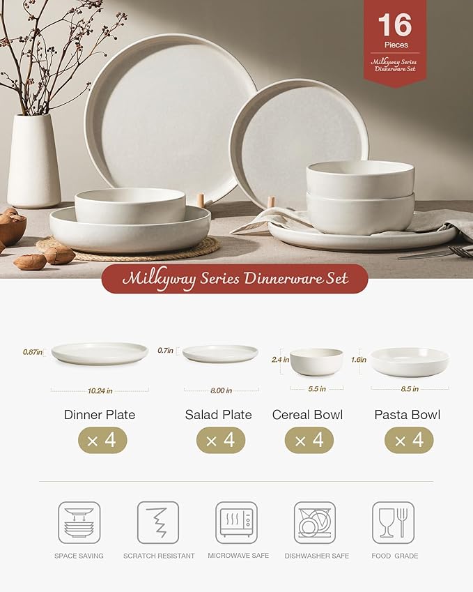 Famiware Milkyway Stoneware Dinnerware Sets with Pasta Bowls, Service for 4 (16 Pieces), Reactive Glaze Plates and Bowls Sets, Microwave and Dishwasher Safe Dishes Set, Matte Beige White