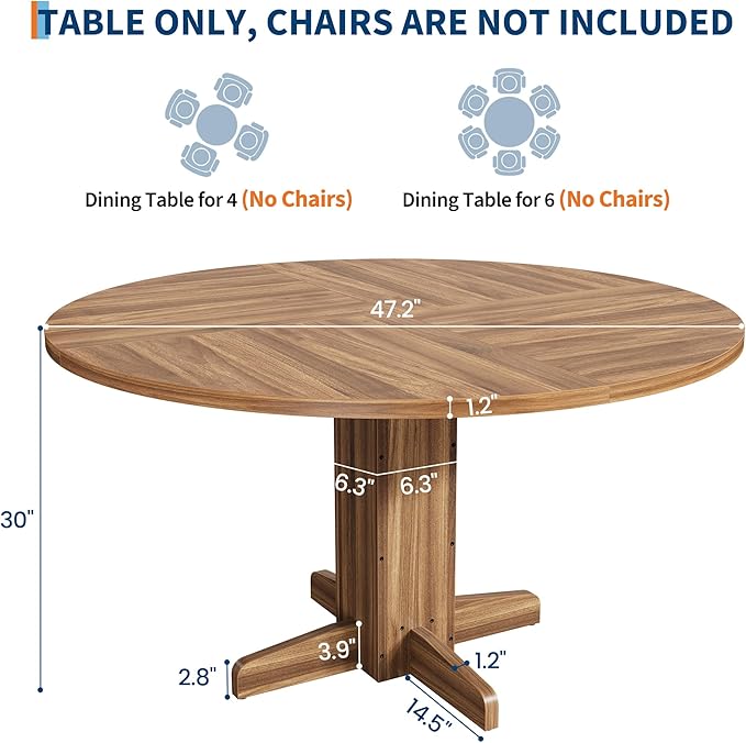 Garvee Round Dining Room Table for 4-6, 47" Wood Kitchen Table with Sturdy Pedestal Base, Farmhouse Circle Dinner Tables for Living Room, Apartment, Walnut