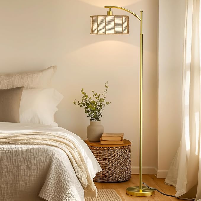 Oneach 62.5'' Arc Floor Lamp for Living Room, Rattan Boho Floor Lamp with Gold Metal Base, Double Shades, Farmhouse Rustic Modern Standing Lamp for Bedroom Office Corner