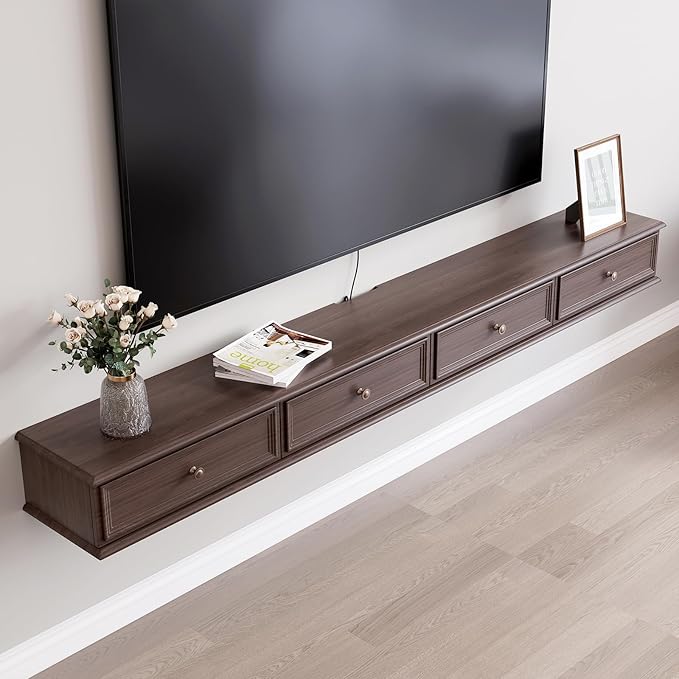 86-inch Wall-Mounted TV Stand, Accommodates 50- to 75-inch TVs, Features Hidden Cable Management, high Weight Capacity, and Space-Saving Walnut Floating TV Stand