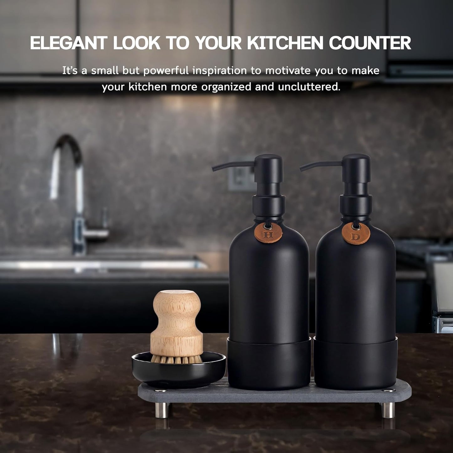 [Luxurious] Hand and Dish Soap Dispenser Set, Kitchen Soap Dispenser Set with Handmade Leather Tag, Instant Dry Tray, Stainless Steel Pump, Non-Slip Pad, Add Elegant Touch to Your Kitchen Sink