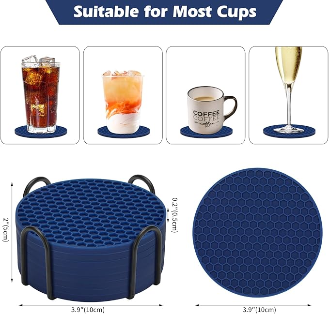 Silicone Coasters Set of 8 with Holder,Coasters Drinks,Beer,Coffee Coasters,Suitable Kinds Cups,Hot or Cold,Anti-SLI,Non-Stick,Anti-Overflow Tabletop Protection and Decor (8 Pcs, Navy Blue)