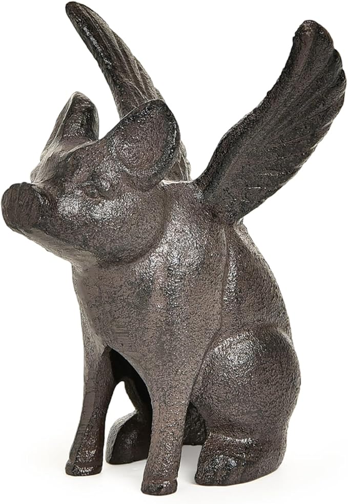 Sungmor Cast Iron Flying Pig Statue, Whimsical Sitting Pig Garden Decorative Statue, Rustic Black Brown Home Office Desk Paperweight Doorstop, Cute Collectible Figurine Bookshelf Ornament