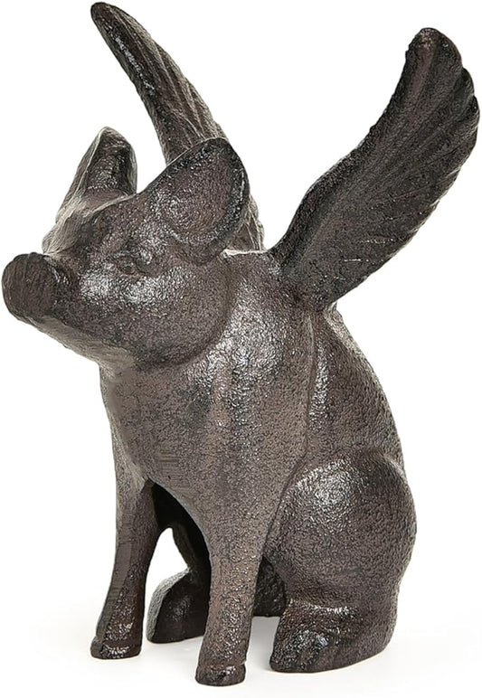 Sungmor Cast Iron Flying Pig Statue, Whimsical Sitting Pig Garden Decorative Statue, Rustic Black Brown Home Office Desk Paperweight Doorstop, Cute Collectible Figurine Bookshelf Ornament