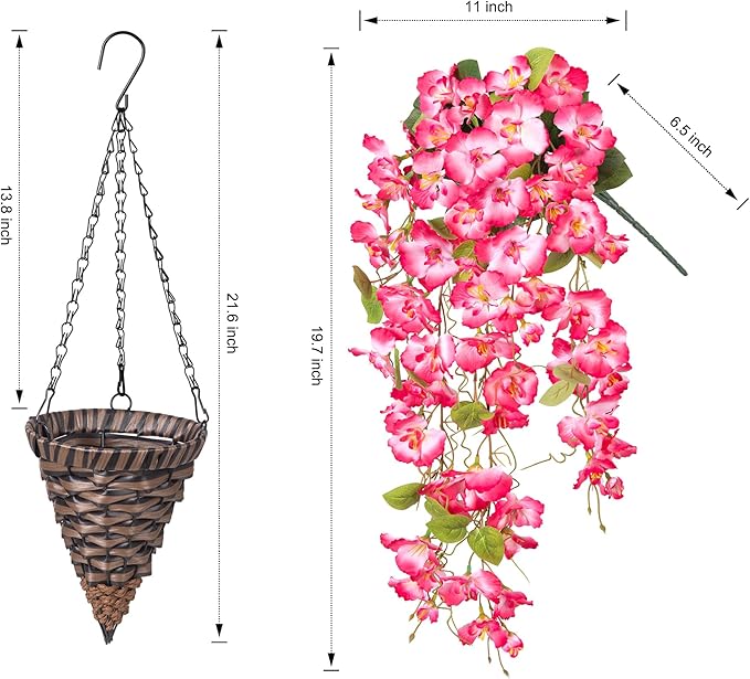 Artificial Fake Hanging Hibiscus Flowers Plants Baskets for Outdoor Decoration, Faux Silk Hibiscus Long Vines in Planter UV Resistant Realistic Flowers for Outside Porch Patio Home Decor, Pink