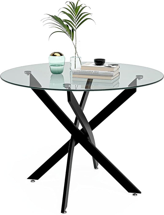 Round Tempered Glass Dining Table for 2-4 with Metal Legs, 35.5 in Modern Small Kitchen Table for Kitchen Dining Room (Black)