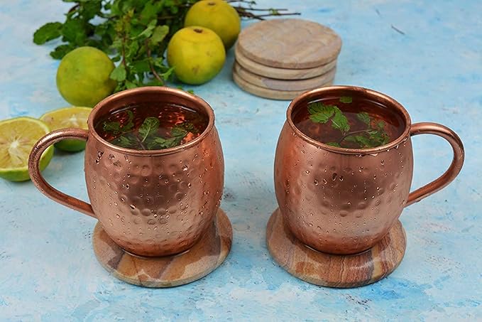 Sandstone Water Absorbent Hand Crafted Round Coasters for Drinks - 4 Inches Wide Thirsty Stone Bar/Drink Coasters- Made from Rainbow Sandstone (Set of 4 with Holder)