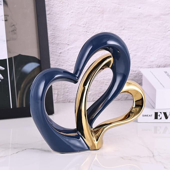 Ceramic Heart Decor Love Statue, Navy Blue Gold Double Hearts Sculptures for Home Table Centerpiece Decor, Valentine, Wedding, Decorative Items for Shelves, Coffee Table Decor (Double Heart)