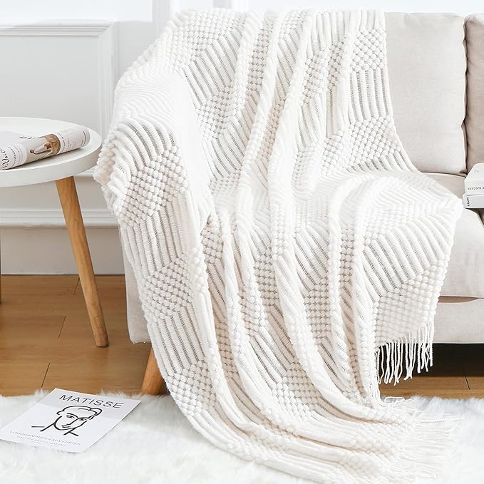 Blagic Knitted Throw Blanket for Couch Soft Farmhouse Boho Throw Blanket with Tassels Home Decorative Lightweight Throw Blankets,White Throws for Bed/Chair/Sofa, Pineapple Textured,60" W x 80" L
