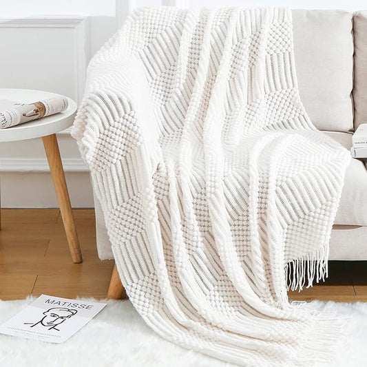 Blagic Knitted Throw Blanket for Couch Soft Farmhouse Boho Throw Blanket with Tassels Home Decorative Lightweight Throw Blankets,White Throws for Bed/Chair/Sofa, Pineapple Textured,60" W x 80" L