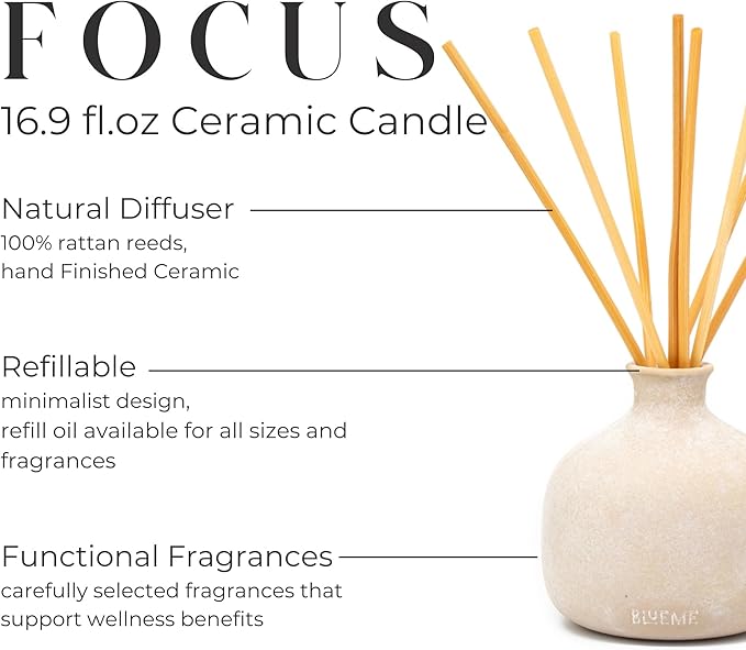 BLUEME Focus-Eucalyptus & Lime, 16.91 Fl Oz Wellness Diffuser, Contains Essential Oil, Sustainable, Hand Finished, Premium, Luxury Ceramic, Natural Rattan Reeds