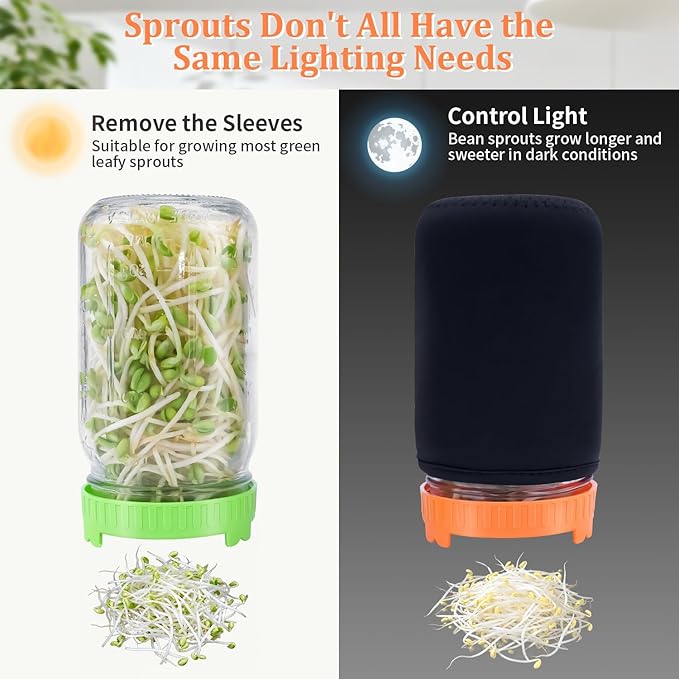 Seed Sprouting Kit with Mung Beans 80g, 2 Large Wide Mouth Mason Jars with Sprout Lids, Blackout Sleeves, Drain Tray, Stainless Steel Stand, Sprouts Growing Kit for Growing Bean Alfalfa Sprout Seeds