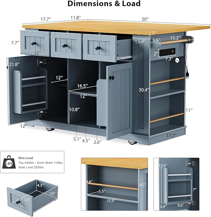 Merax 53" Upgraded Kitchen Cart Island on Wheels with Power Outlet,Drop Leaf,3 Drawers and 5 Open Side Racks,Wood Rolling Storage Cabinet
