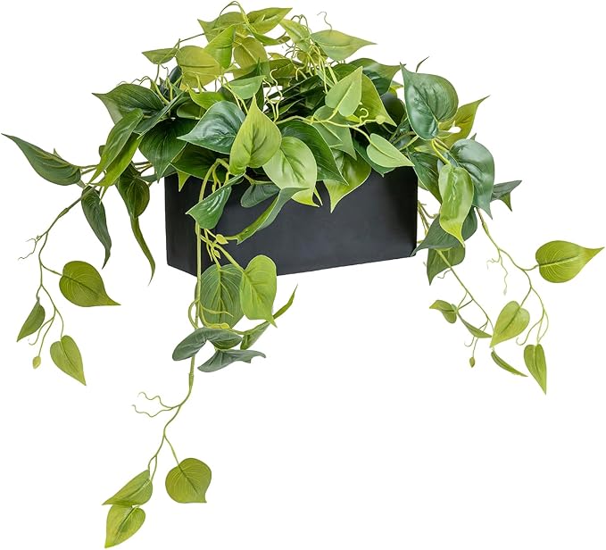 MyGift Vibrant Lifelike Artificial Plant Pothos Leafy Vine Greenery in Black Concrete Rectangular Planter Box