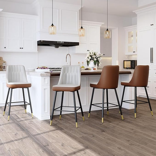 Counter Height Bar Stools Set of 4,27" Bar Stools with Back,Upholstered Counter Height Bar Stool with Sturdy Metal Footrest,Modern Kitchen Island Chairs for Home Pub (4,Grey-Brown)