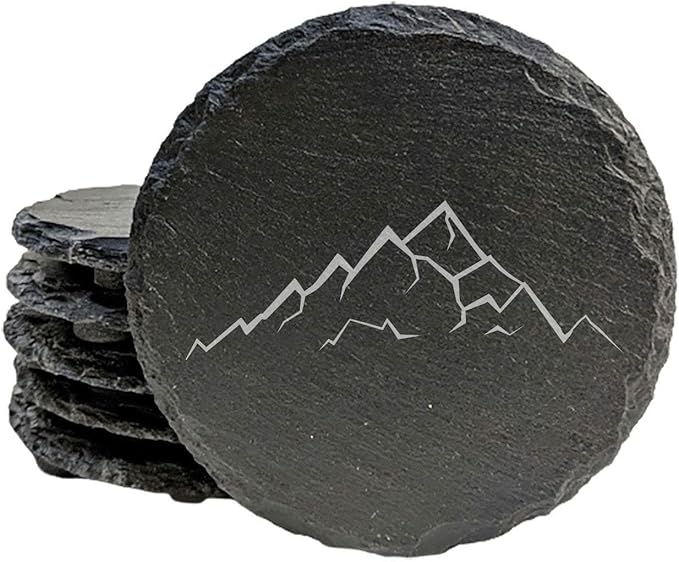 Mountain Majesty Slate Coasters with Stunning Mountain Scene Design - Perfect for Home and Office Decor and Protection of Surfaces, Available in Square or Round Coasters - Round Slate - Set of 5
