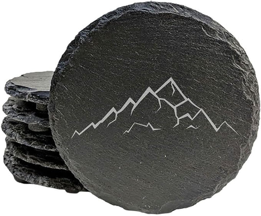Mountain Majesty Slate Coasters with Stunning Mountain Scene Design - Perfect for Home and Office Decor and Protection of Surfaces, Available in Square or Round Coasters - Round Slate - Set of 5