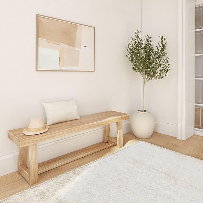 Plank+Beam 60 Inch Farmhouse Dining Bench, Solid Wood Entryway Bench, Wooden Outdoor Bench, Kitchen Dining Seat, Dining Room, Home Office, Living Room Furniture, Easy Assembly, Blonde Wirebrush