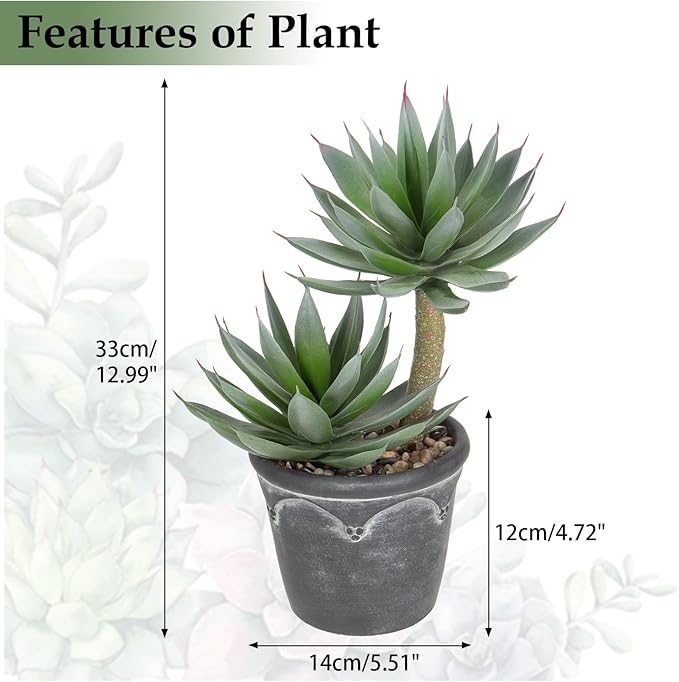 Hollyone Large Artificial Succulent Plants Fake Agave Succulents Potted 13" Faux Plant in Vintage Cement Pot Succulent Aloe Plant Indoor for Desk Home Office Living Room Table Shelf Decor