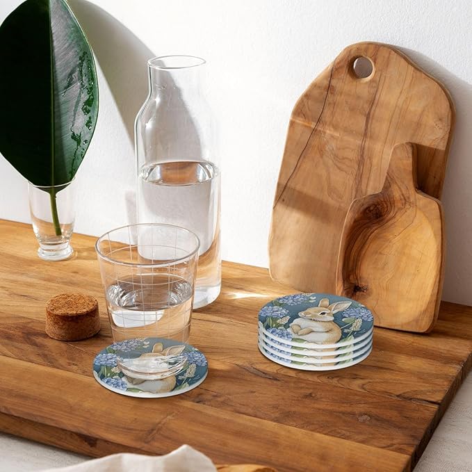 Easter Hydrangea Bunny Coasters for Drinks Cute Rabbits Flowers Spring Seasonal Absorbent Ceramic Coaster Set of 4 for Coffee Table Cup Bar Desk Round Coasters Mat with Cork Base