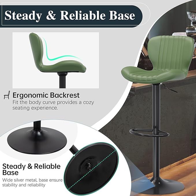 Bar Stools Set of 4, Modern Swivel Bar Stools with Shell Shaped Backrest, Adjustable Counter Height Bar Chairs for Kitchen, Island, Bar, Dining Room, Green