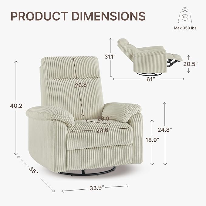 Swivel Rocker Recliner for Adults, Corduroy 360 Degree Swivel Glider Recliner Manual 3-Position Adjustable Easy Assembly for Small Space Living Room Nursery Bedroom