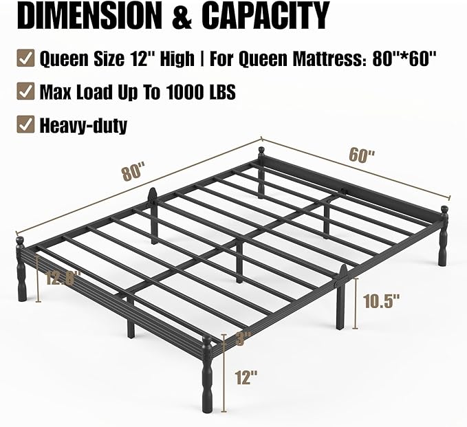 12 Inch Queen Size Bed Frame Keep Mattress from Sliding, Queen Platform Bed Frames No Box Spring Needed, Heavy Duty Metal Bedframe, Non-Slip, Easy Assembly