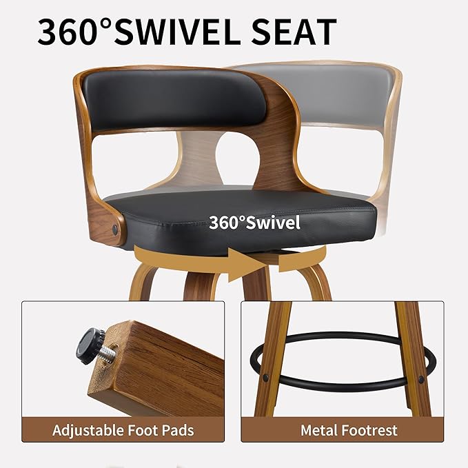 26 Inch Swivel Bar Stools, Faux Leather Mid Century Counter Height Bar Chair with Back and Arms, Modern Barstools for Home Bar, Dining Room, Kitchen Island, Black