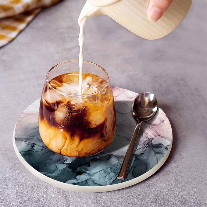 Grey Flowing Abstract Painting Round Coaster for Home Coffee Table Alcohol Ink Colors Marble Texture Farmhouse Drink Coasters 100% Diatomite 4''X 4''X 0.35'' Printed Pattern