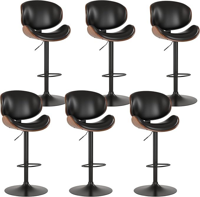 KCC Bar Stools Set of 6, Swivel Adjustable Height Barstools, PU Leather Upholstered Bar Chairs with Footrest, Bentwood Bar Stool for Kitchen, Bar, Dining Room(Black PU)