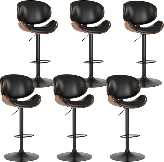 KCC Bar Stools Set of 6, Swivel Adjustable Height Barstools, PU Leather Upholstered Bar Chairs with Footrest, Bentwood Bar Stool for Kitchen, Bar, Dining Room(Black PU)