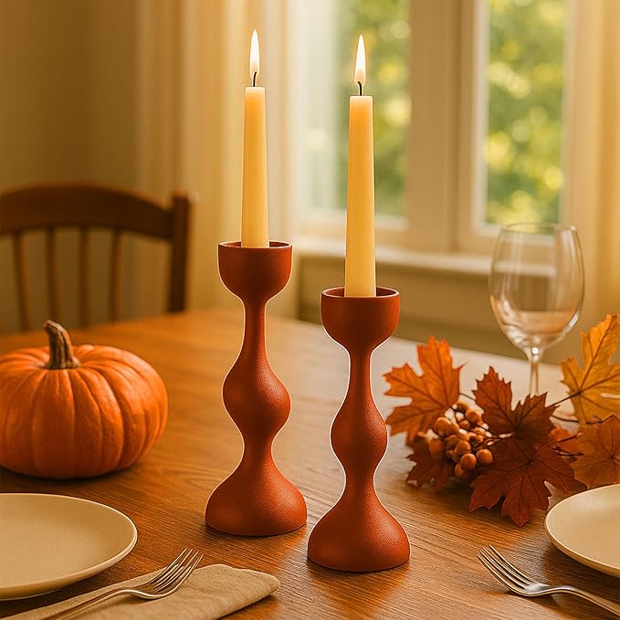 Smtyle Modern Orange Tapered Candlestick Holders Taper Candle Holders Minimalist Candle Stand Set of 2 for Dining Table, Mantel, Home, Gift or Wedding Decor