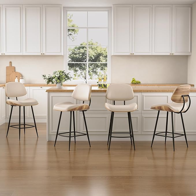 Mid Century Modern Bar Stools Set of 4, PU Leather Counter Height Stools with Walnut Bentwood Back & Metal Legs, 26.7" Barstools Kitchen Island Chairs with Footrest for Home Bars, Beige